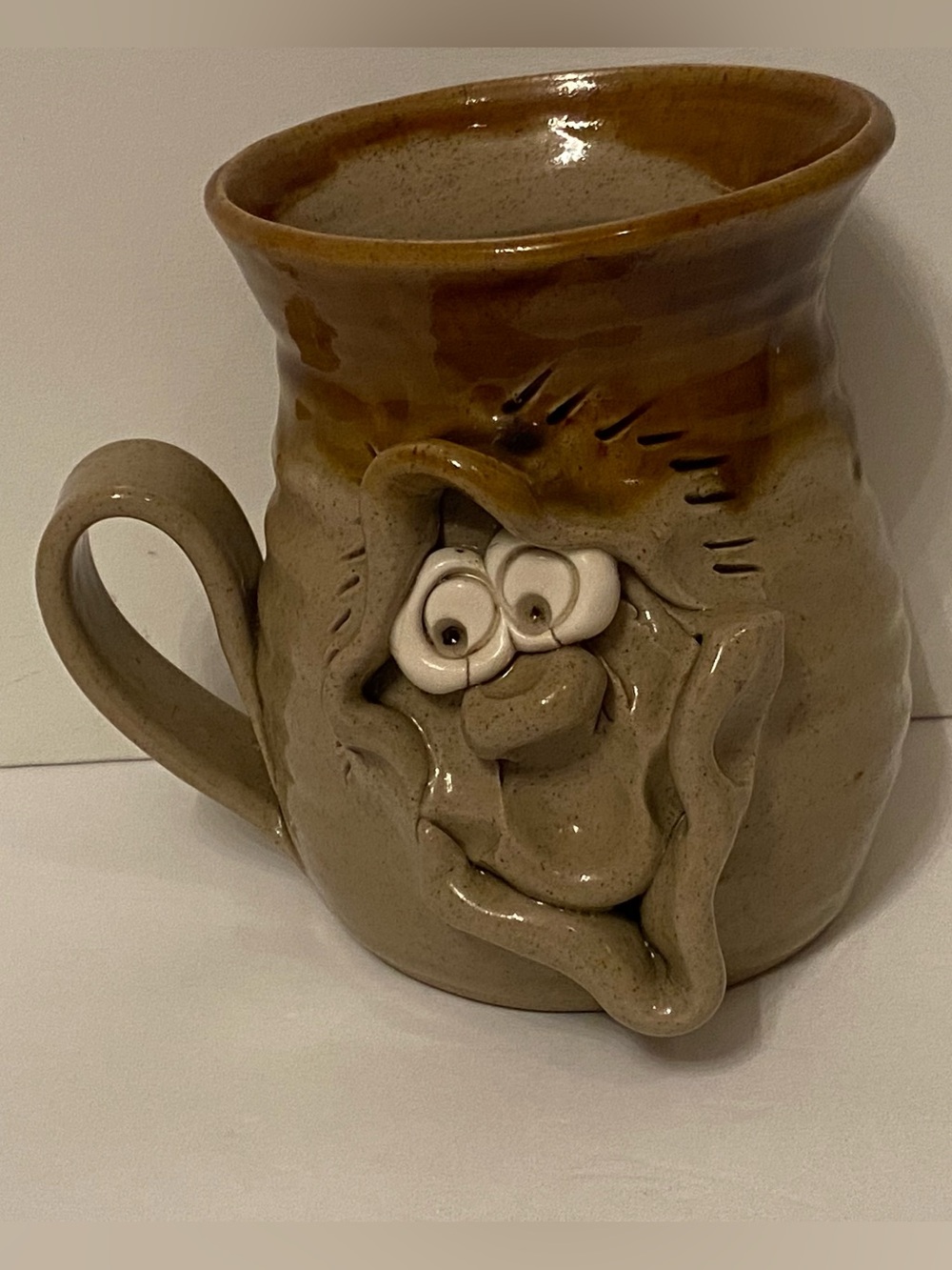 PRETTY UGLY POTTERY MUG TAN BROWN WHITE FUNNY FACE MADE IN WALES HANDMADE HOME